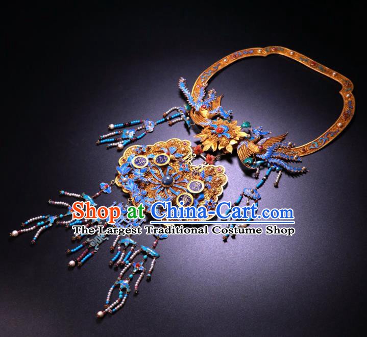 China Traditional Filigree Necklace Accessories Ancient Qing Dynasty Empress Cloisonne Phoenix Pearls Necklet Pendant