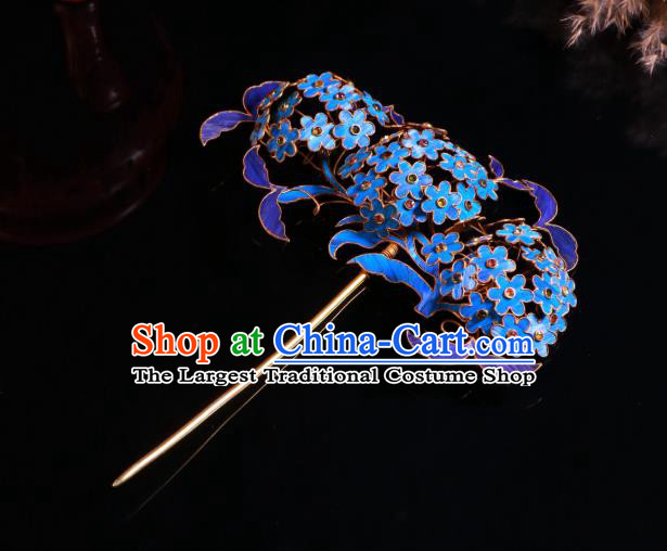 China Ancient Imperial Consort Pearls Hair Stick Handmade Qing Dynasty Court Blueing Hydrangea Hairpin