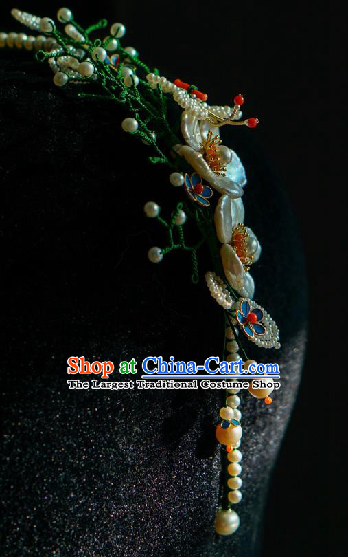 China Qing Dynasty Pearls Hair Stick Traditional Court Hair Jewelry Ancient Empress Shell Plum Hair Clasp