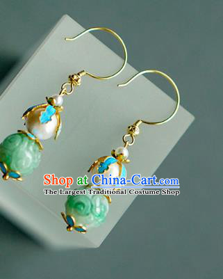 Chinese Qing Dynasty Palace Lady Jadeite Ear Accessories Ancient Empress Pearls Gourd Earrings