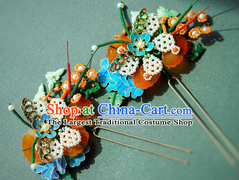 China Qing Dynasty Queen Agate Plum Blossom Hair Stick Traditional Court Hair Jewelry Ancient Empress Pearls Hairpin