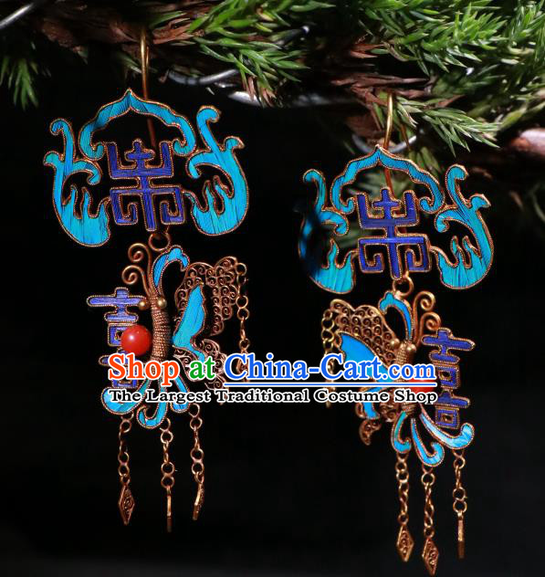 Chinese Classical Wedding Cheongsam Earrings Jewelry Ancient Qing Dynasty Blueing Butterfly Ear Accessories