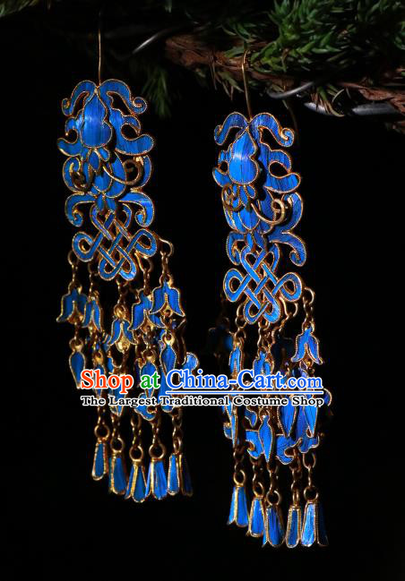 Chinese Qing Dynasty Blueing Lion Earrings Classical Cloisonne Jewelry Ancient Empress Ear Accessories
