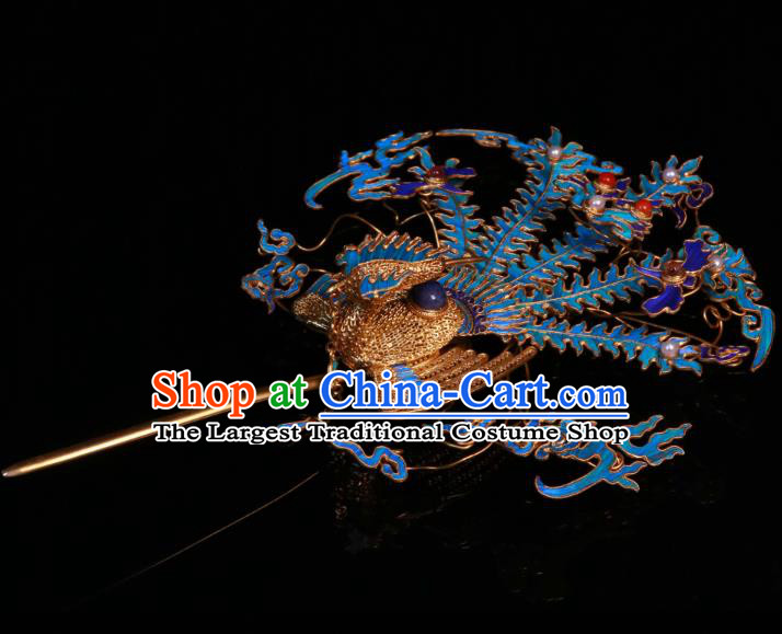 China Ancient Imperial Empress Filigree Phoenix Hair Stick Handmade Qing Dynasty Blueing Sapphire Hairpin