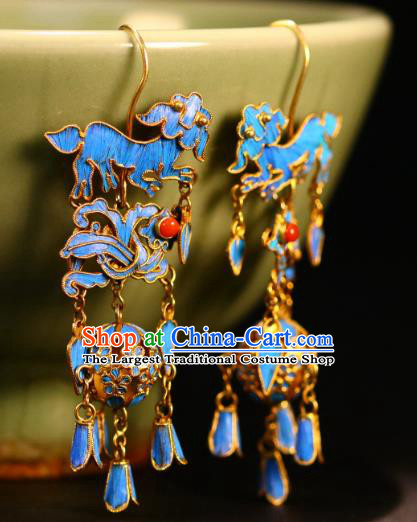 Chinese Classical Wedding Jewelry Qing Dynasty Palace Ear Accessories Ancient Empress Cloisonne Lion Ball Earrings