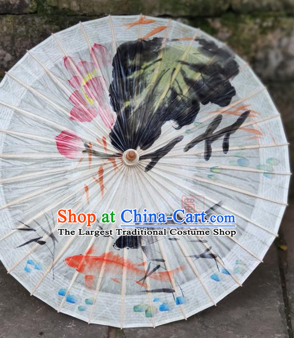 Traditional China White Oil Paper Umbrella Handmade Umbrellas Artware Ink Painting Lotus Fishes Umbrella