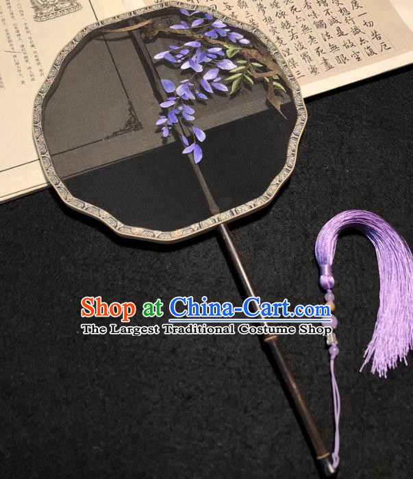 Handmade China Traditional Princess Fan Embroidery Wisteria Palace Fan Embroidered Black Silk Fan