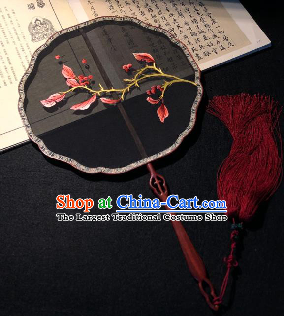 Handmade China Embroidered Black Silk Fan Traditional Princess Fan Embroidery Palace Fan