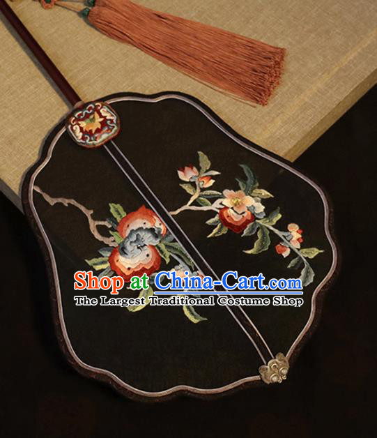 China Classical Wedding Palace Fan Traditional Ming Dynasty Hanfu Fan Embroidered Fan Handmade Black Silk Fan