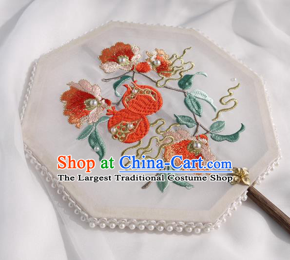 China Traditional Hanfu Fan Embroidered Pomegranate Palace Fan Handmade White Silk Octagon Fan