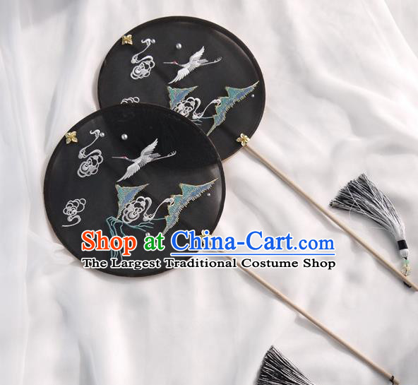 China Handmade Black Silk Circular Fan Traditional Hanfu Fan Embroidered Crane Palace Fan