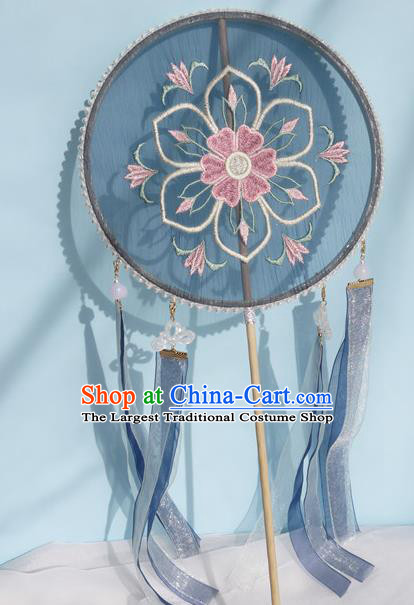 China Traditional Tang Dynasty Princess Fan Handmade Embroidered Palace Fan Navy Silk Circular Fan