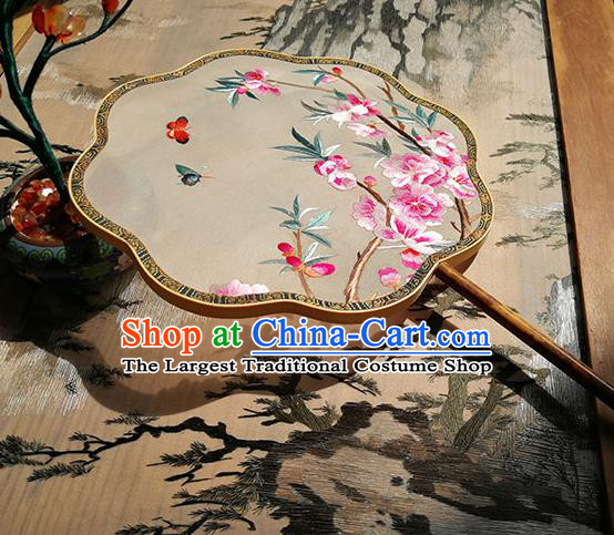 Handmade China Classical Palace Fan Traditional Wedding Silk Fan Embroidered Peach Blossom Fan