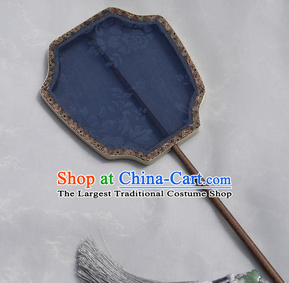 China Handmade Palace Fan Classical Peony Pattern Blue Silk Fan Traditional Hanfu Fan