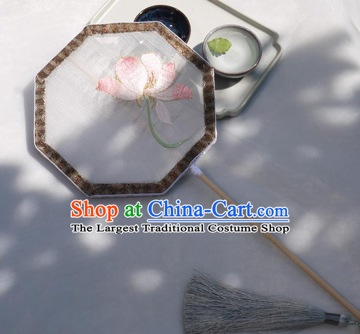 China Classical Silk Fan Traditional Hanfu Octagon Fan Handmade Embroidered Lotus Palace Fan