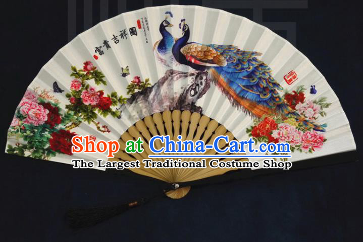 China Classical Painting Peacock Peony Silk Fan Traditional Folding Fan Handmade Accordion