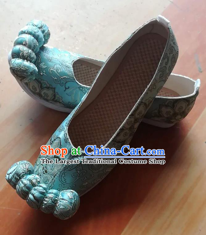 China Ancient Princess Shoes Classical Blue Brocade Shoes Traditional Song Dynasty Hanfu Shoes