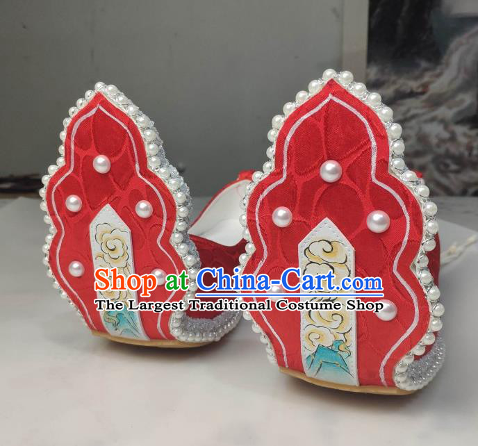 China Traditional Tang Dynasty Princess Shoes Classical Red Brocade Shoes Hanfu Pearls Shoes