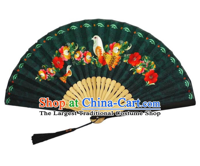 China Handmade Accordion Classical Printing Flowers Bird Silk Fan Traditional Folding Fan