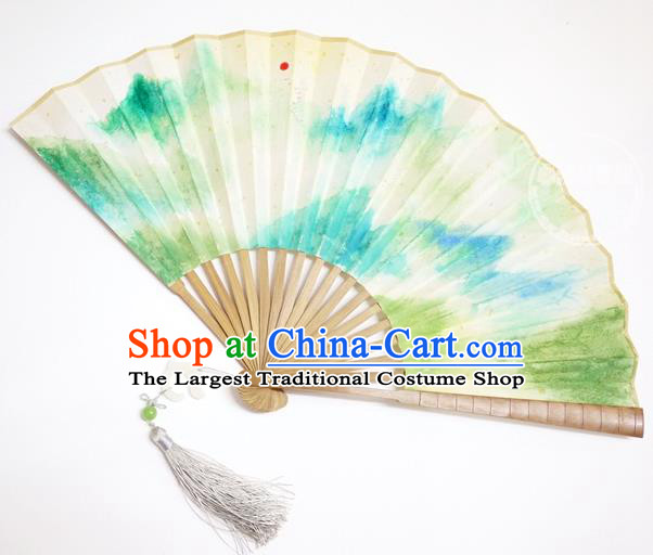 China Handmade Paper Accordion Traditional Folding Fan Classical Landscape Painting Fan