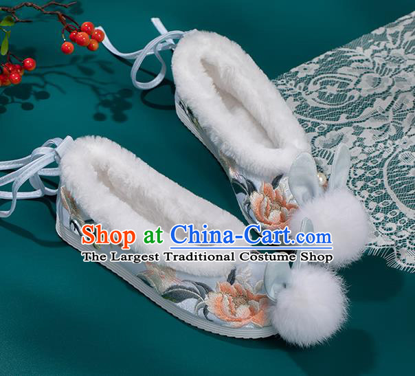 China Ming Dynasty Princess Shoes Classical Blue Brocade Shoes Traditional Embroidered Hanfu Shoes