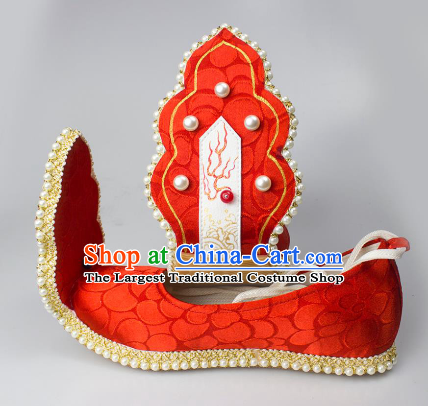 China Tang Dynasty Princess Shoes Classical Red Brocade Shoes Traditional Wedding Hanfu Pearls Shoes