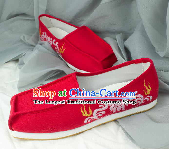 Chinese Traditional Ming Dynasty Bridegroom Shoes Handmade Ancient Scholar Red Cloth Shoes