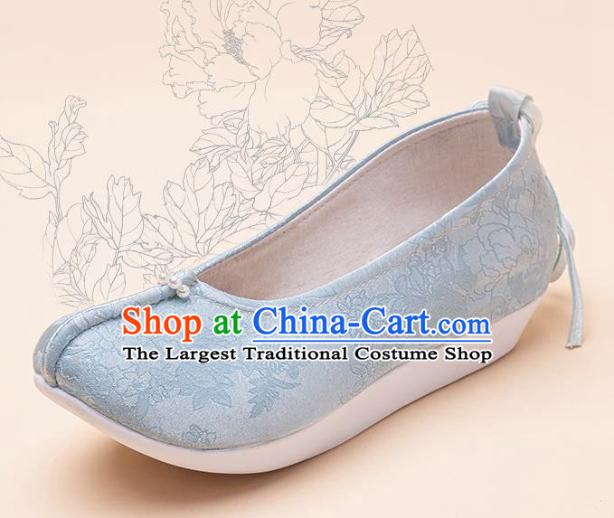 China Classical Blue Satin Shoes Hanfu Shoes Traditional Ming Dynasty Women Shoes