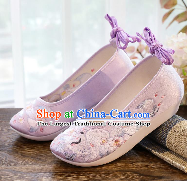 China Winter Women Shoes Classical Embroidered Fox Lilac Satin Shoes Traditional Hanfu Shoes