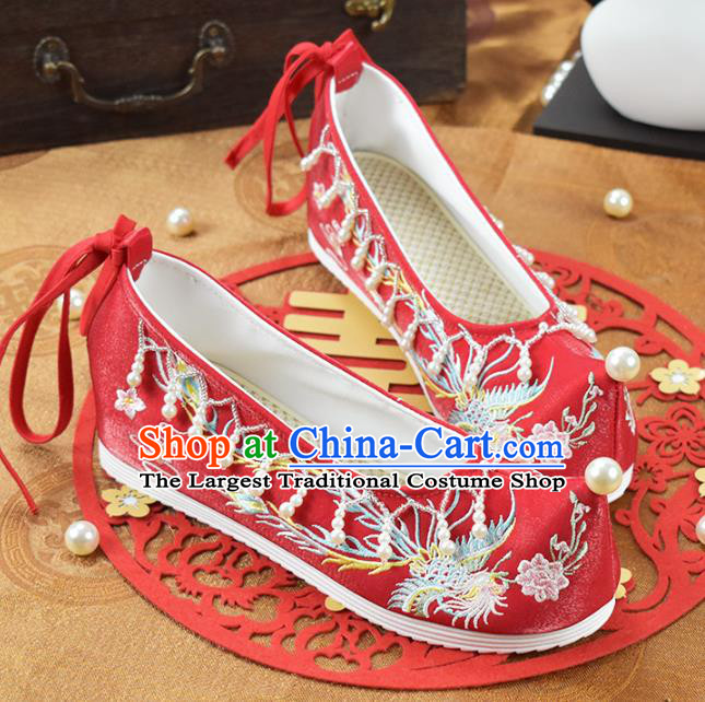 China Traditional Wedding Shoes Women Hanfu Shoes National Embroidered Phoenix Red Cloth Shoes