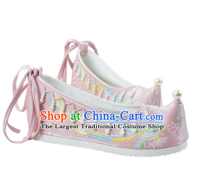 China National Embroidered Phoenix Pink Cloth Shoes Traditional Wedding Shoes Women Hanfu Shoes