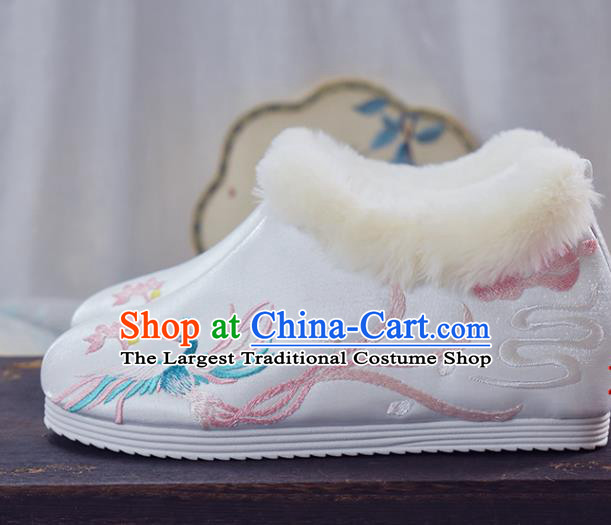 China Traditional Wedding Shoes National Embroidered Phoenix Shoes White Cloth Shoes