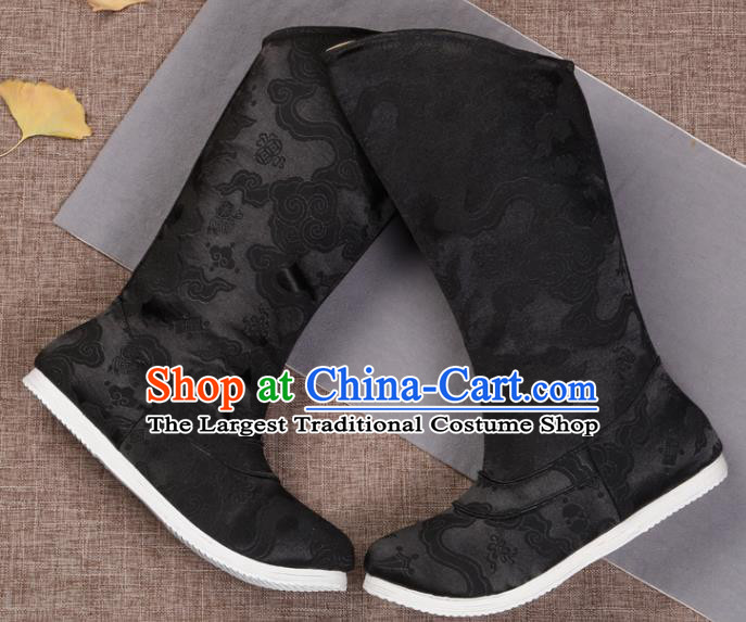 Chinese Ancient Swordsman Shoes Handmade Traditional Ming Dynasty Imperial Guard Black Brocade Boots