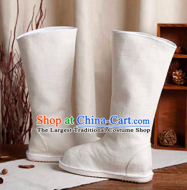 Chinese Traditional Ming Dynasty White Flax Boots Handmade Ancient Young Knight Swordsman Shoes