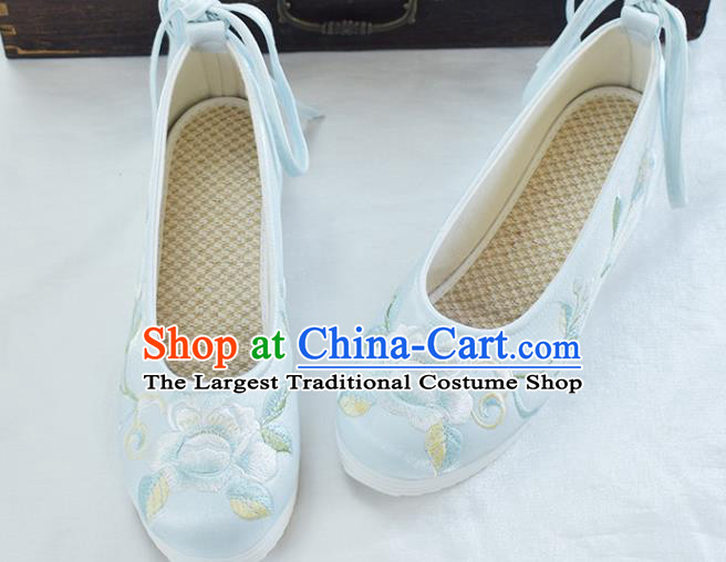 China Women Shoes Traditional Hanfu Shoes Embroidered Peony Shoes National Light Blue Cloth Shoes