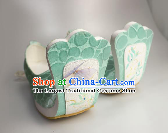 China Handmade Light Green Brocade Shoes Traditional Tang Dynasty Princess Shoes Classical Painting Orchids Shoes