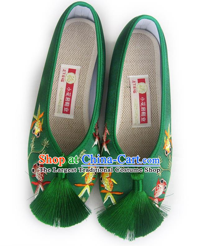 China Embroidered Goldfish Shoes National Shoes Traditional Green Satin Shoes