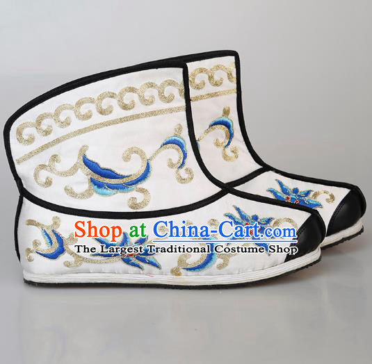 Chinese Handmade Embroidered White Boots Traditional Beijing Opera Martial Arts Men Shoes