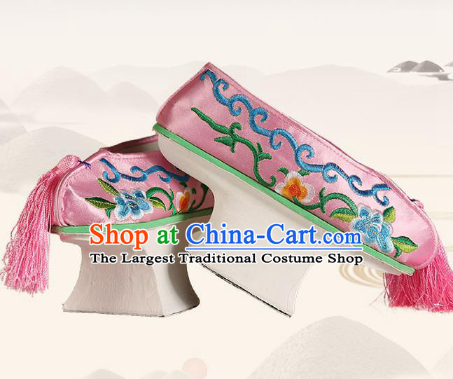 China Traditional Peking Opera Hua Tan Embroidered Shoes Ancient Qing Dynasty Princess Pink Satin Shoes