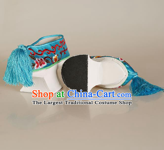 China Ancient Qing Dynasty Princess Blue Satin Shoes Traditional Peking Opera Hua Tan Embroidered Shoes