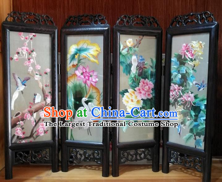 Chinese Handmade Rosewood Craft Folding Screen Suzhou Embroidery Plum Lotus Peony Chrysanthemum Desk Ornaments