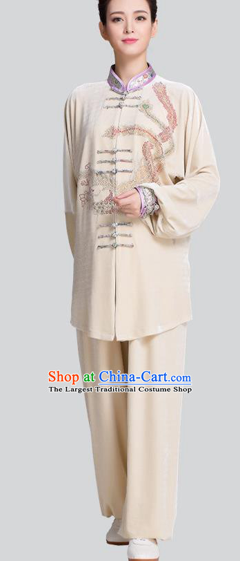 China Traditional Diamante Phoenix Beige Pleuche Uniforms Kung Fu Tai Chi Clothing