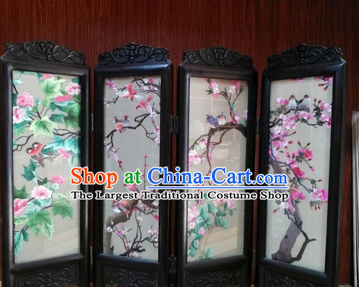 Chinese Suzhou Embroidered Flowers Birds Table Screen Blackwood Folding Screen Handmade Desk Decoration