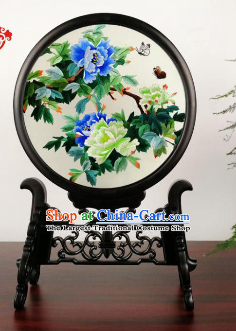 China Suzhou Embroidery Peony Craft Double Side Silk Screen Handmade Blackwood Table Screen