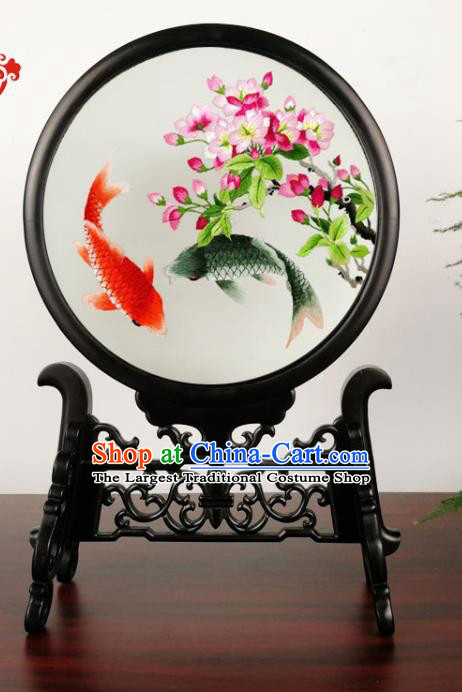 China Handmade Blackwood Carving Table Screen Suzhou Double Side Embroidery Begonia Carps Desk Screen