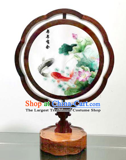 China Handmade Wood Carving Table Screen Lantern Embroidered Lotus Carps Desk Lamp