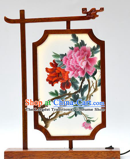 China LED Desk Lantern Suzhou Embroidered Peony Bedside Lamp Handmade Wood Table Decoration