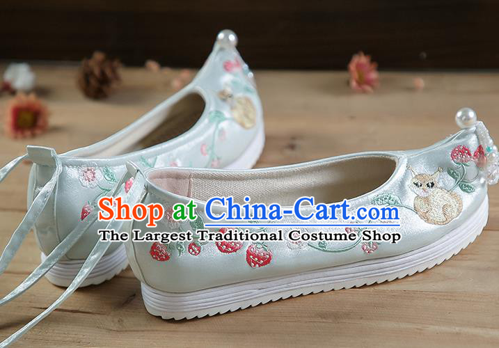 China Light Green Satin Shoes Beads Tassel Shoes Hanfu Shoes Embroidered Strawberry Squirrel Shoes