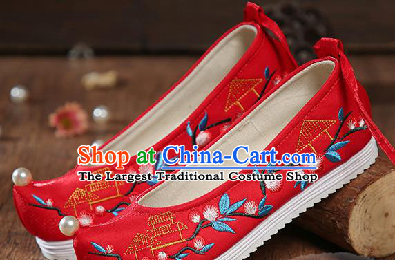 China Ancient Bride Shoes Traditional Wedding Hanfu Shoes Embroidered Red Satin Shoes