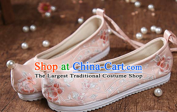 China Embroidered Peony Pink Cloth Shoes Ancient Princess Hanfu Shoes Traditional Ming Dynasty Shoes